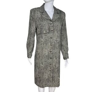 Vintage Leslie Fay Snakeskin Print Button Front Shirt Dress Shoulder Pads 8P